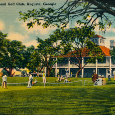 Augusta National Golf Club House, 1943. Augusta National Golf Club was founded by Bobby Jones (1902-1971) and Clifford Roberts (1894-1977) on the site of the former Fruitland (later Fruitlands) Nursery. The course was designed by Jones and Alister MacKenzie (1870-1934) and opened in January 1933. Since 1934, it has played host to the annual Masters Tournament. From a postcard produced by Curt Teich & Co., 1943. (Photo by The Print Collector/Print Collector/Getty Images)