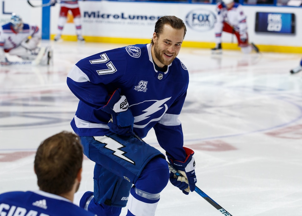 Victor Hedman of the Tampa Bay Lightning wears a Hockey Fights