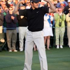 AUGUSTA, GA - APRIL 13:  Trevor Immelman of South Africa celebrates winning the 2008 Masters Tournament at Augusta National Golf Club on April 13, 2008 in Augusta, Georgia.  (Photo by Andy Lyons/Getty Images for Golfweek)