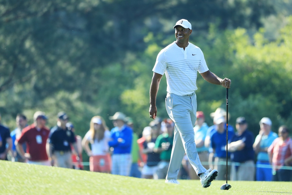 during a practice round prior to the start of the 2018 Masters Tournament at Augusta National Golf Club on April 3, 2018 in Augusta, Georgia.