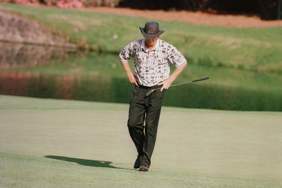 14 Apr 1996:  Greg Norman of Australia looks to the ground in dejection after missing another putt during the final round of the 1996 Masters at Augusta National Golf Club in Augusta, Georgia. Mandatory Credit: David Cannon/Allsport