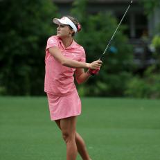 WILLIAMSBURG, VA - MAY 20: Lexi Thompson hits her second shot on the 12th hole during the third and final round of the Kingsmill Championship presented by Geico on the River Course at Kingsmill Resort on May 20, 2018 in Williamsburg, Virginia. The tournament was shortened to three rounds due to inclement weather during round two. (Photo by Hunter Martin/Getty Images)