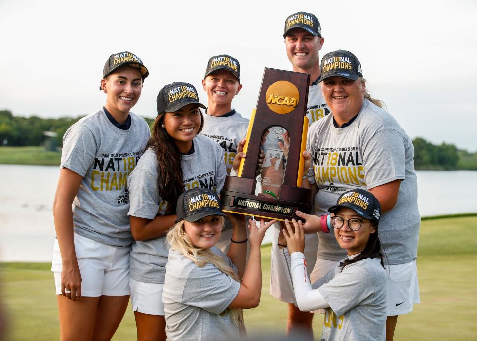 STILLWATER, OK - MAY 23:  The Arizona Women\'s Golf team poses with the National Championship trophy during the Division I Women\'s Golf Team Match Play Championship held at the Karsten Creek Golf Club on May 23, 2018 in Stillwater, Oklahoma. (Photo by Shane Bevel/NCAA Photos via Getty Images)