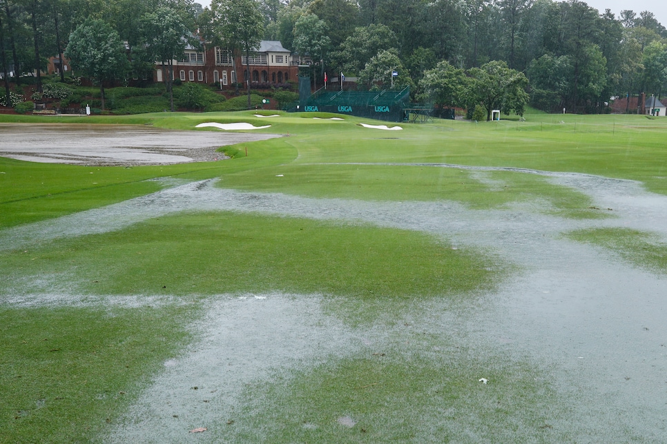 A view of the 18th hole as rain falls during a practice round ahead of the 2018 U.S. Women\'s Open at Shoal Creek in Shoal Creek, Ala. on Tuesday, May 29, 2018.  (Copyright USGA/Jeff Haynes)