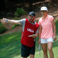 Mel Reid and her caddie discuss strategy on the 17th hole during the first round of the 2018 U.S. Women\'s Open at Shoal Creek in Shoal Creek, Ala. on Thursday, May 31, 2018.  (Copyright USGA/Jeff Haynes)