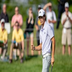 DUBLIN, OH - JUNE 02: Joaquin Niemann from Chile celebrates after making his final putt on hole 18 during the third round of the Memorial Tournament at Muirfield Village Golf Club in Dublin, Ohio on June 02, 2018.(Photo by Adam Lacy/Icon Sportswire via Getty Images)