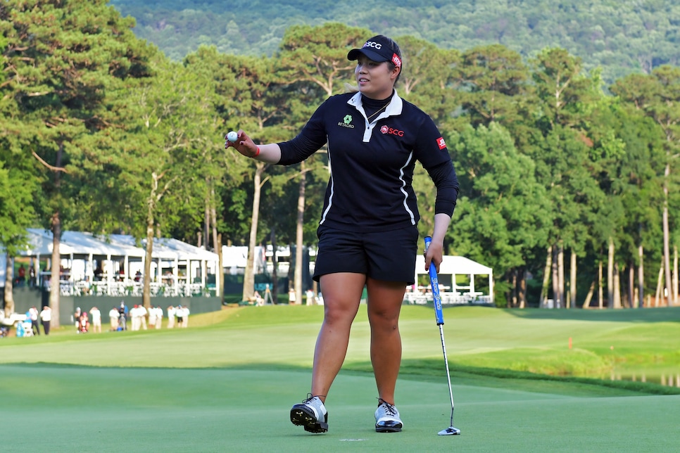 SHOAL CREEK, AL - JUNE 03:  Ariya Jutanugarn of Thailand waves her ball after winning  the 2018 U.S. Women\'s Open at Shoal Creek on June 3, 2018 in Shoal Creek, Alabama. (Photo by Drew Hallowell/Getty Images)