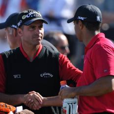 16 June 2008: Tiger Woods shakes Rocco Mediate\'s hand at the start of the 108th US Open Championship playoff round at Torrey Pines South Golf Course in San Diego, CA. (Photo by Chris WIlliams/Icon Sportswire via Getty Images)