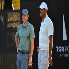 PACIFIC PALISADES, CA - FEBRUARY 16: Rory McIlroy and Tiger Woods looks on from the 16th hole tee during the second round of the Genesis Open golf tournament at the Riviera Country Club in Pacific Palisades, CA on February 16, 2018. (Photo by Brian Rothmuller/Icon Sportswire via Getty Images)