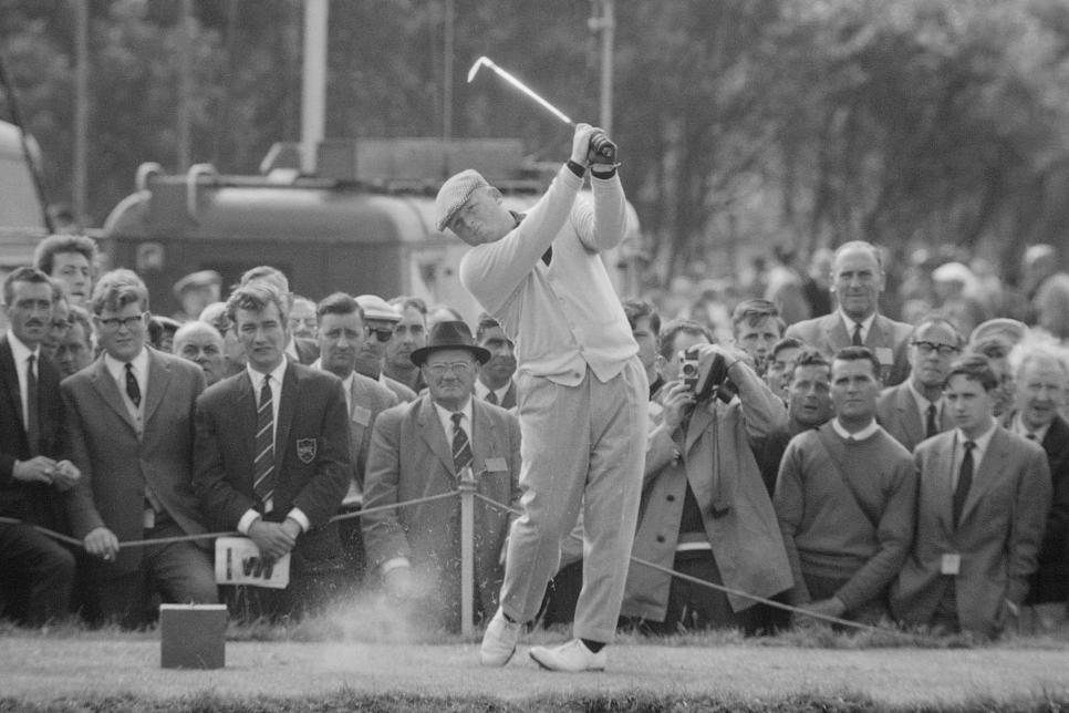Phil Rodgers of the USA plays a tee shot during the 1963 Open Championship at Royal Lytham & St Annes Golf Club in Lytham St Annes, England