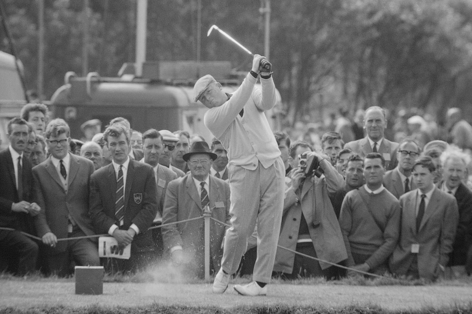 Phil Rodgers of the USA plays a tee shot during the 1963 Open Championship at Royal Lytham & St Annes Golf Club in Lytham St Annes, England