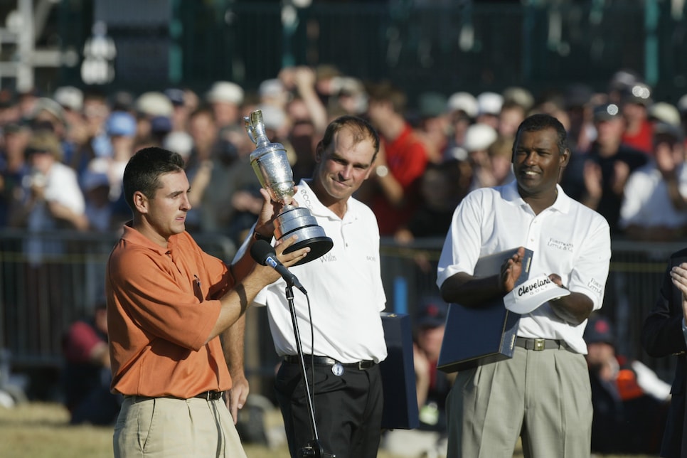 Ben Curtis of the USA receives the Claret Jug