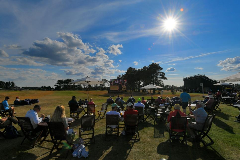 ANGUS, SCOTLAND - JULY 19: Fans watch play near the 11th hole during the first round of the 147th Open Championship at Carnoustie Golf Club on July 19, 2018 in Angus, Scotland. (Photo by Stan Badz/R&A/R&A/PGA TOUR via Getty Images)