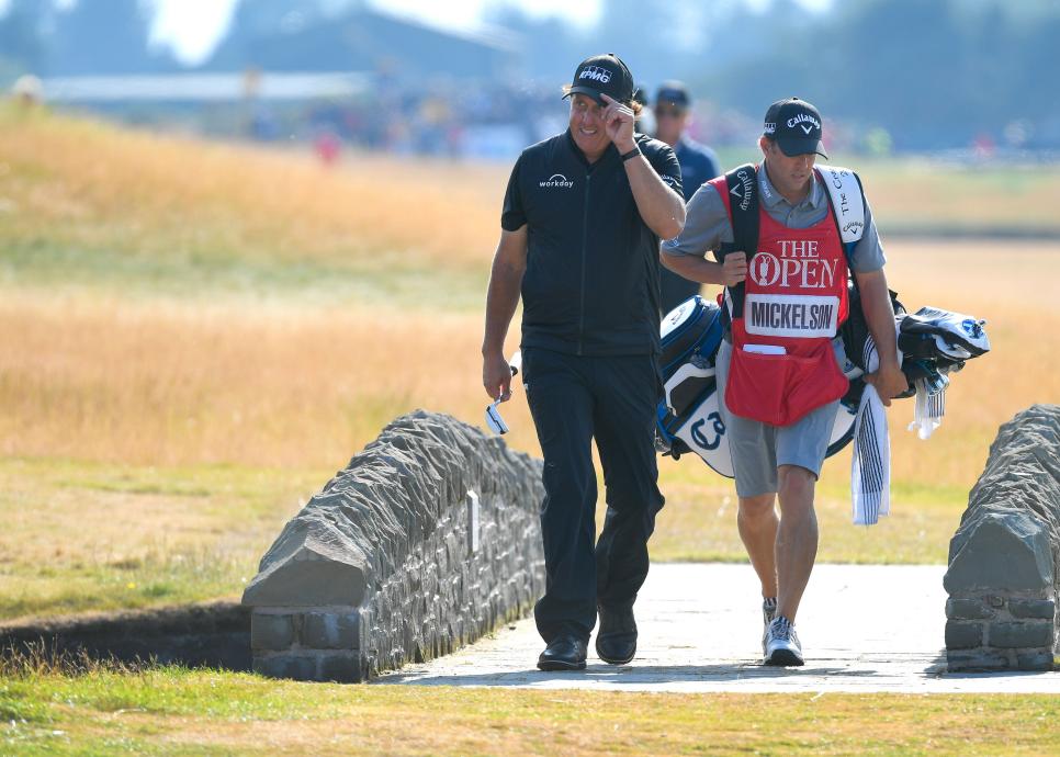 ANGUS, SCOTLAND - JULY 20: Phil Mickelson and his brother Tim Mickelson approach the 18th green during the second round of the 147th Open Championship at Carnoustie Golf Club on July 20, 2018 in Angus, Scotland. (Photo by Stan Badz/R&A/R&A/PGA TOUR via Getty Images)