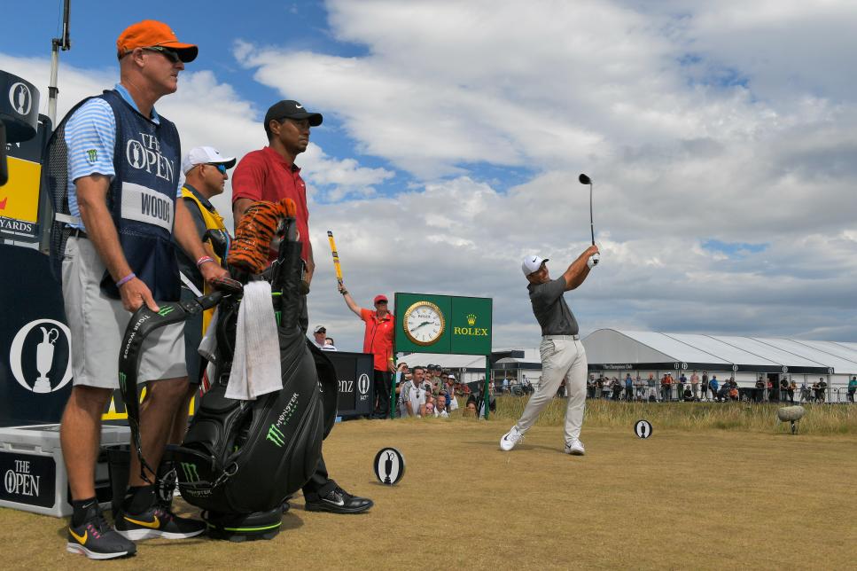 ANGUS, SCOTLAND - JULY 22: Tiger Woods of the Unites States and Francesco Molinari of Italy plays tee shots on the second hole during the final round of the 147th Open Championship at Carnoustie Golf Club on July 22, 2018 in Angus, Scotland. (Photo by Stan Badz/R&A/R&A/PGA TOUR via Getty Images)
