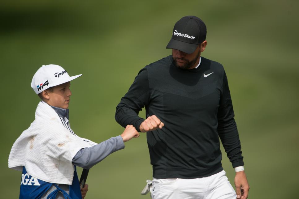 SEASIDE, CA - June 20: Michael Block and his caddie/son celebrate after he makes his putt on the 13th hole during the final round of the 51st PGA Professional Championship held at Bayonet Black Horse on June 20, 2018 in Seaside, California. (Photo by Montana Pritchard/PGA of America)