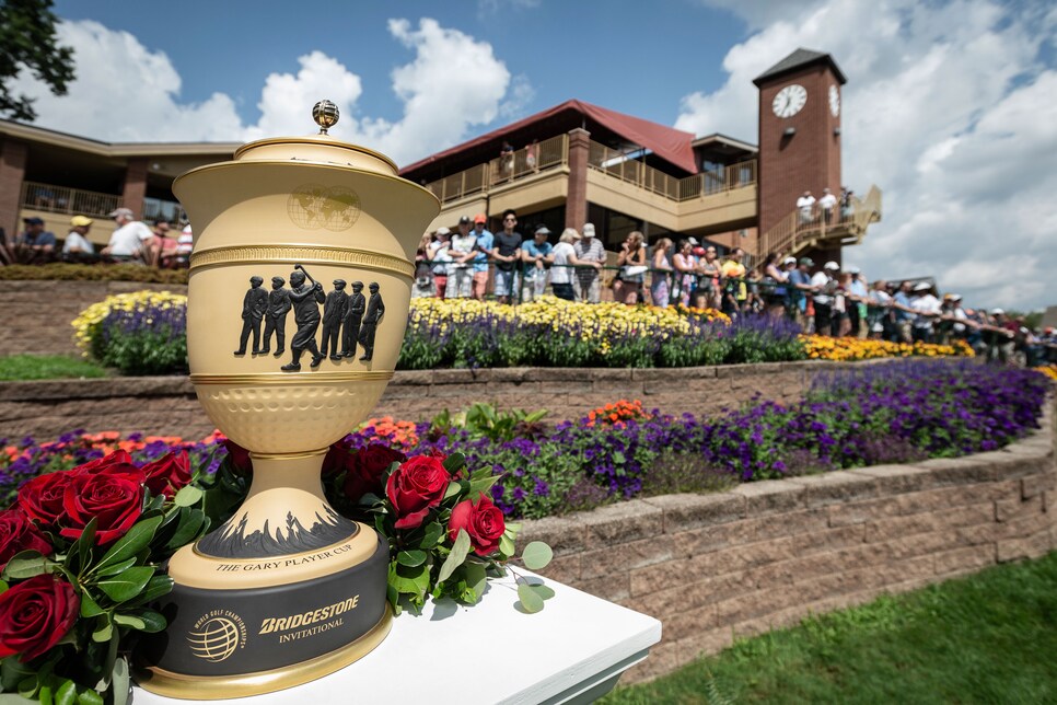 AKRON, OH - AUGUST 04:   The Gary Player Cup is displayed on the first tee with the clubhouse in the background during the third round of the WGC-Bridgestone Invitational on August 4, 2018 at the Firestone Country Club South Course in Akron, Ohio. (Photo by Shelley Lipton/Icon Sportswire via Getty Images)