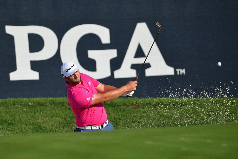 during a practice round prior to the 2018 PGA Championship at Bellerive Country Club on August 8, 2018 in St Louis, Missouri.