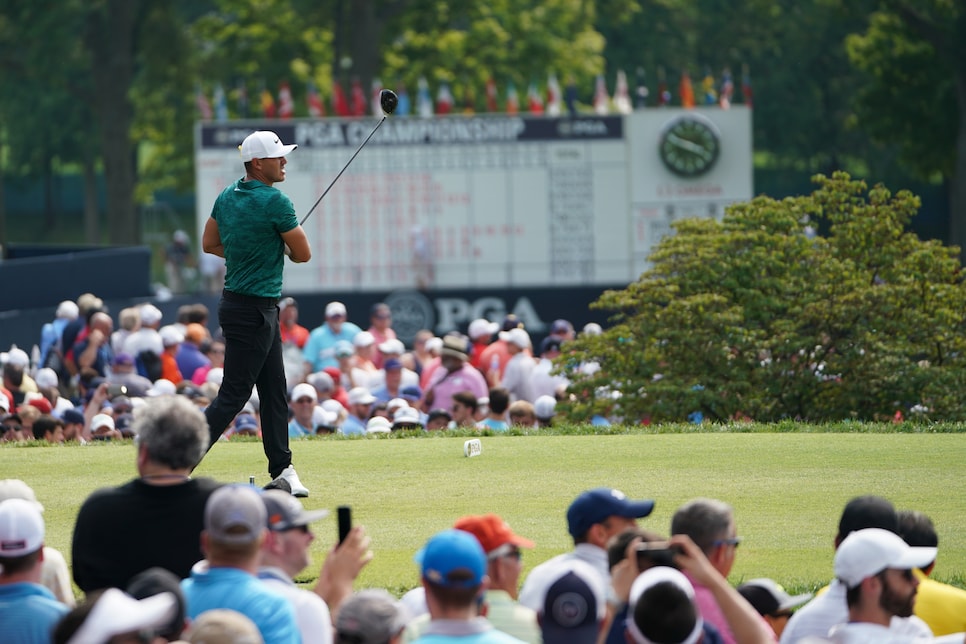 ST. LOUIS, MO - August 12: Brooks Koepka of the US hits his tee shot on the 10th hole during the final round of the 100th PGA Championship held at Bellerive Golf Club on August 12, 2018 in St. Louis, Missouri. (Photo by Montana Pritchard/PGA of America via Getty Images)