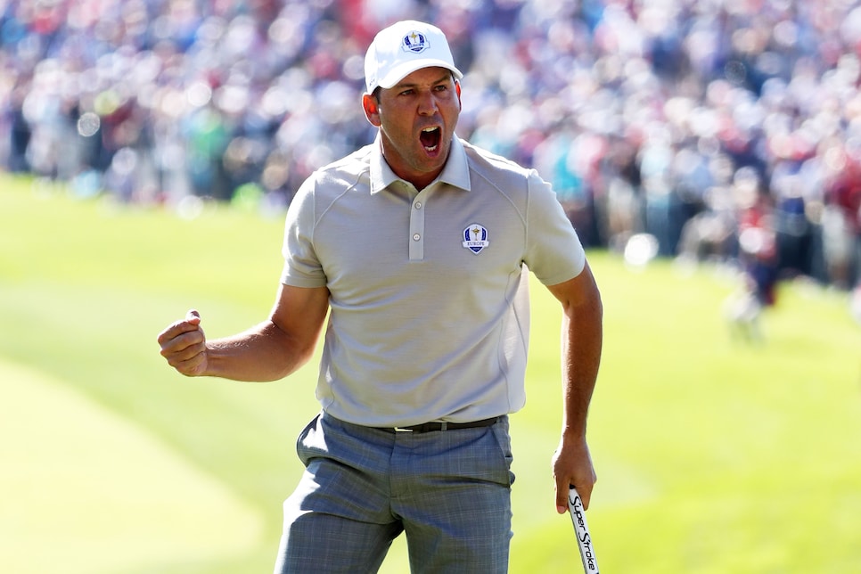 during morning foursome matches of the 2016 Ryder Cup at Hazeltine National Golf Club on October 1, 2016 in Chaska, Minnesota.