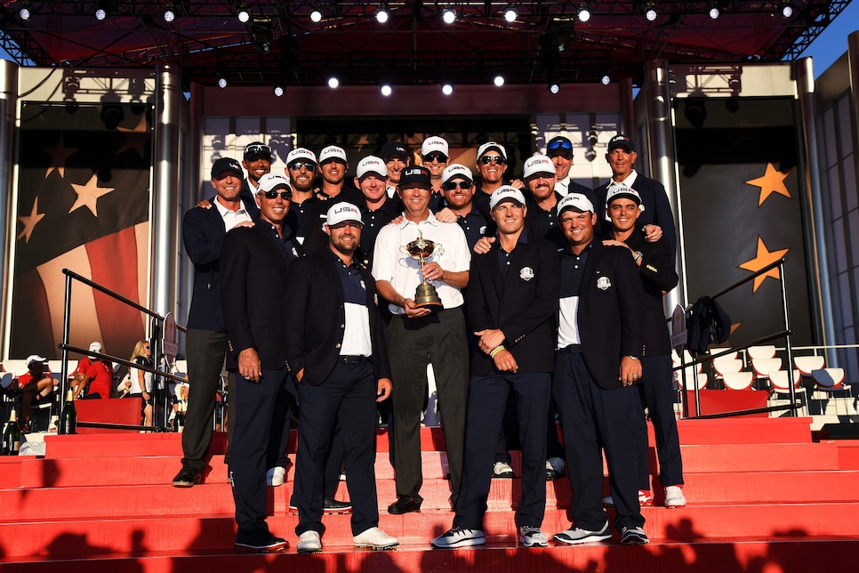 during singles matches of the 2016 Ryder Cup at Hazeltine National Golf Club on October 2, 2016 in Chaska, Minnesota.