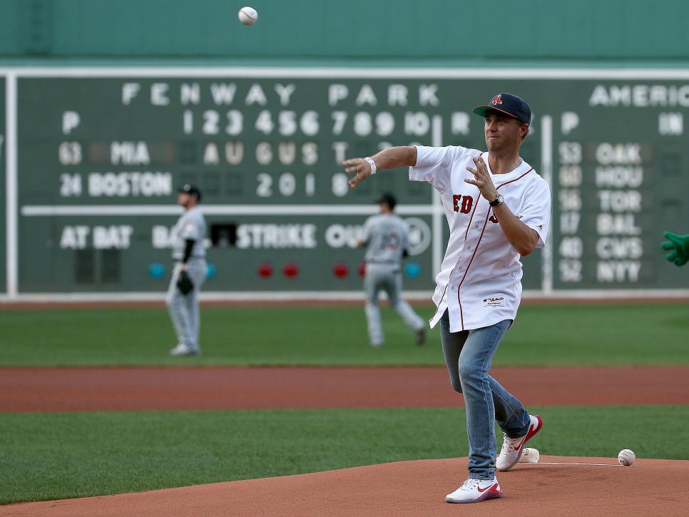 Justin Thomas Throws First Pitch At Boston Red Sox Game