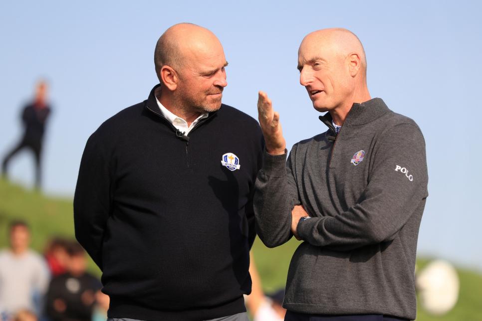 European captain Thomas Bjorn (left) and American captain Jim Furyk during a media event ahead of the 2018 Ryder Cup at Le Golf National, Paris. (Photo by Adam Davy/PA Images via Getty Images)