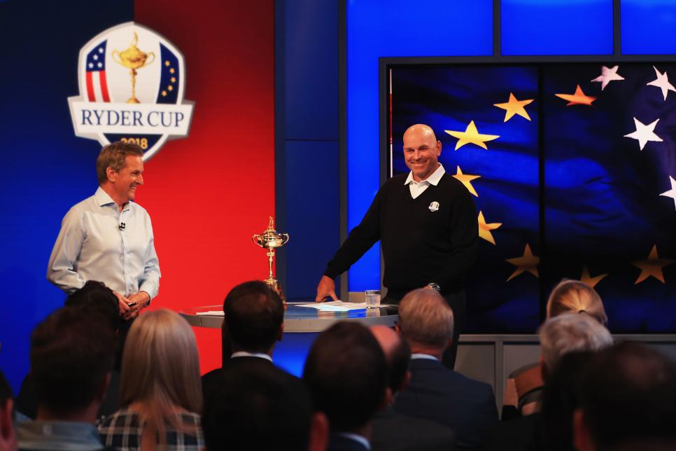 <enter caption here> during the Ryder Cup Team Europe Wild Card Selection Announcement on September 5, 2018 in Isleworth, England.