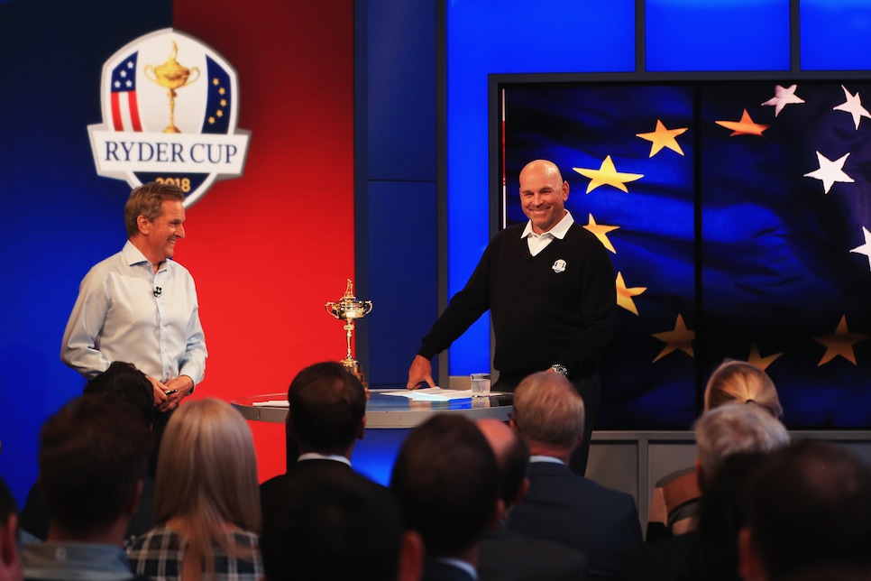 <enter caption here> during the Ryder Cup Team Europe Wild Card Selection Announcement on September 5, 2018 in Isleworth, England.