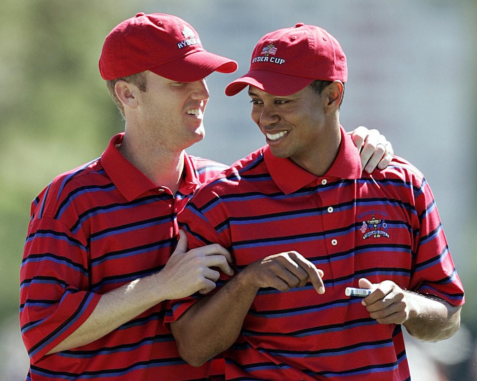 US Ryder Cup teammates Tiger Woods (R) a