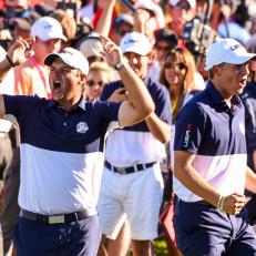 CHASKA, MN - OCTOBER 02:  Jordan Spieth and Patrick Reed of Team USA celebrate the team\'s victory and lead fans in USA chants on the 18th hole green during singles matches of the 2016 Ryder Cup at Hazeltine National Golf Club on October 2, 2016 in Chaska, Minnesota. (Photo by Keyur Khamar/PGA TOUR)
