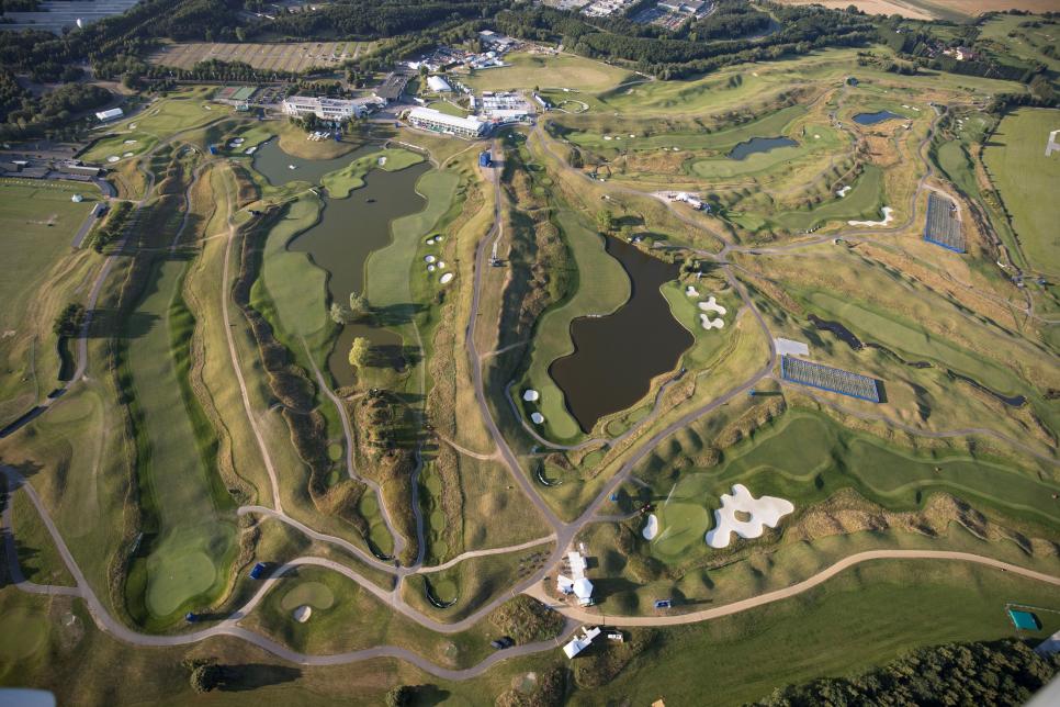 TOPSHOT - An aerial view taken on June 27, 2018, shows the Albatros course at Le Golf National, an 18-hole golf course in Saint-Quentin-en-Yvelines, west of Paris, where the biennial men\'s golf competition, the Ryder Cup will take place in September. - The competition is contested every two years between teams from the USA and Europe with the venue also alternating between courses in the United States and Europe. (Photo by Thomas SAMSON / AFP)        (Photo credit should read THOMAS SAMSON/AFP/Getty Images)