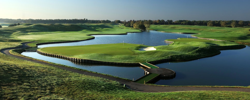 PARIS, FRANCE - OCTOBER 15:  EDITORS NOTE: Polarising filter used on the camera in this image: A view looking back from the clubhouse down the 469 par 4, 18th hole (L) and the 404 yards par 4, 15th hole (R) on the Albatross Course at Le Golf National, the host venue for the 2018 Ryder Cup on October 14, 2017 in Paris, France.  (Photo by David Cannon/Getty Images)