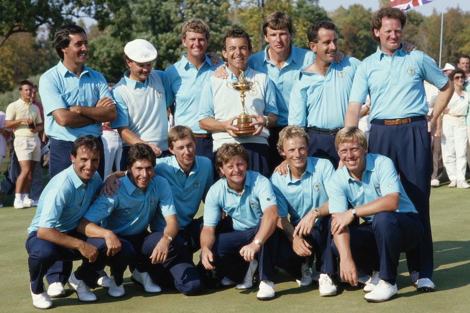 The winning Great Britain and Europe team in no order of Howard Clark, Sam Torrance, Ken Brown, Bernhard Langer, Severiano Ballesteros, Jose-Maria Olazabal, Jose Rivero, Gordon Brand Jnr, Nick Faldo, Ian Woosnam, Sandy Lyle and Eamonn Darcy during the 27th Ryder Cup Matches on 27 September 1987at the Muirfield Village in Dublin, Ohio, USA. (Photo by David Cannon/Getty Images)