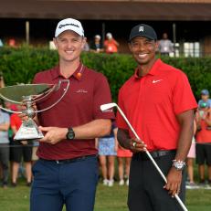 ATLANTA, GA - SEPTEMBER 23: Justin Rose of England holds the FedExCup while Tiger Woods holds the Calamity Jane trophy during the final round of the TOUR Championship at East Lake Golf Club on September 23, 2018, in Atlanta, Georgia. (Photo by Stan Badz/PGA TOUR)
