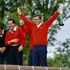 Members of Team Europe celebrate their Ryder Cup victory at The Belfry, Warwickshire, 15th September 1985. Left to right: Seve Ballesteros, Sam Torrance and captain Tony Jacklin. (Photo by Simon Bruty/Getty Images)