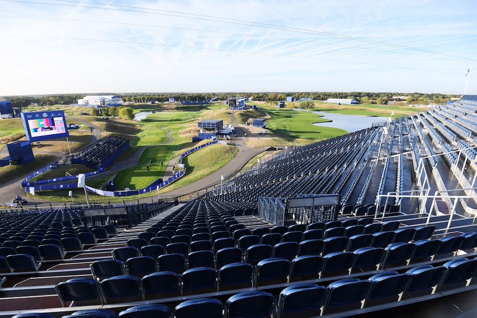 PARIS, FRANCE - SEPTEMBER 24:  A general view of the first tee ahead of the 42nd Ryder Cup 2018 at Le Golf National on September 24, 2018 in Paris, France.  (Photo by Ross Kinnaird/Getty Images