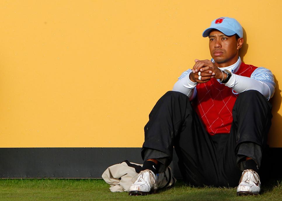 US Ryder Cup player Tiger Woods is pictured on the 18th hole after losing in session 3 of the Foursomes to Europe Ryder Cup players Lee Westwood and Luke Donald on the third day of the 2010 Ryder Cup golf competition between US and Europe at Celtic Manor golf course in Newport, Wales on October 3, 2010. AFP PHOTO/PETER MUHLY (Photo credit should read PETER MUHLY/AFP/Getty Images