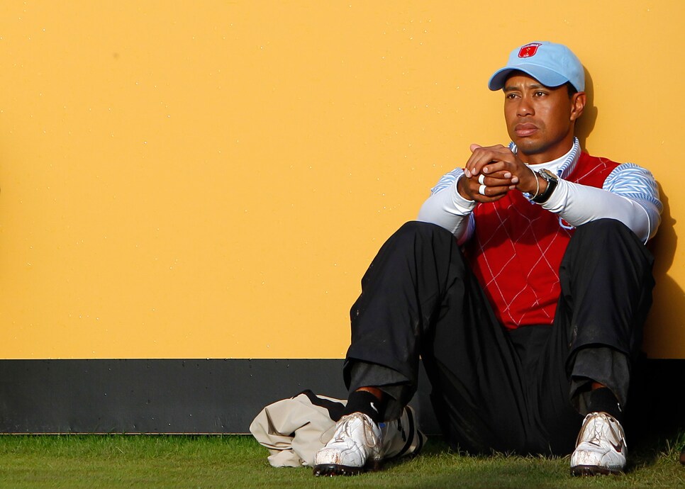 US Ryder Cup player Tiger Woods is pictured on the 18th hole after losing in session 3 of the Foursomes to Europe Ryder Cup players Lee Westwood and Luke Donald on the third day of the 2010 Ryder Cup golf competition between US and Europe at Celtic Manor golf course in Newport, Wales on October 3, 2010. AFP PHOTO/PETER MUHLY (Photo credit should read PETER MUHLY/AFP/Getty Images