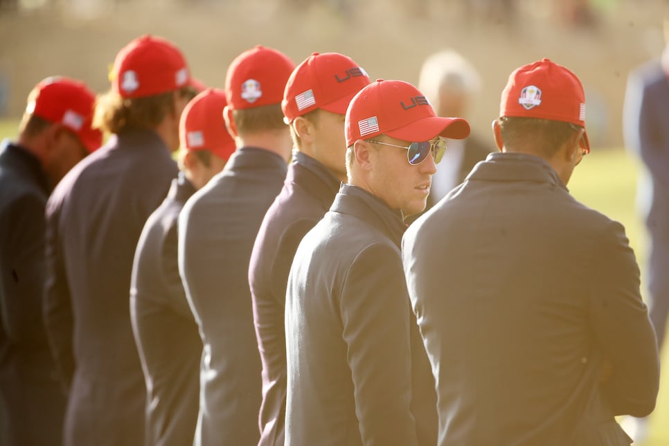 during singles matches of the 2018 Ryder Cup at Le Golf National on September 30, 2018 in Paris, France.