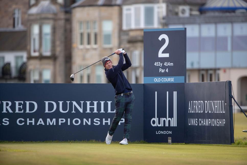 England\'s Luke Donald tees off at the 2nd hole during day three of the Alfred Dunhill Links Championship at The Old Course, St Andrews. (Photo by Kenny Smith/PA Images via Getty Images)
