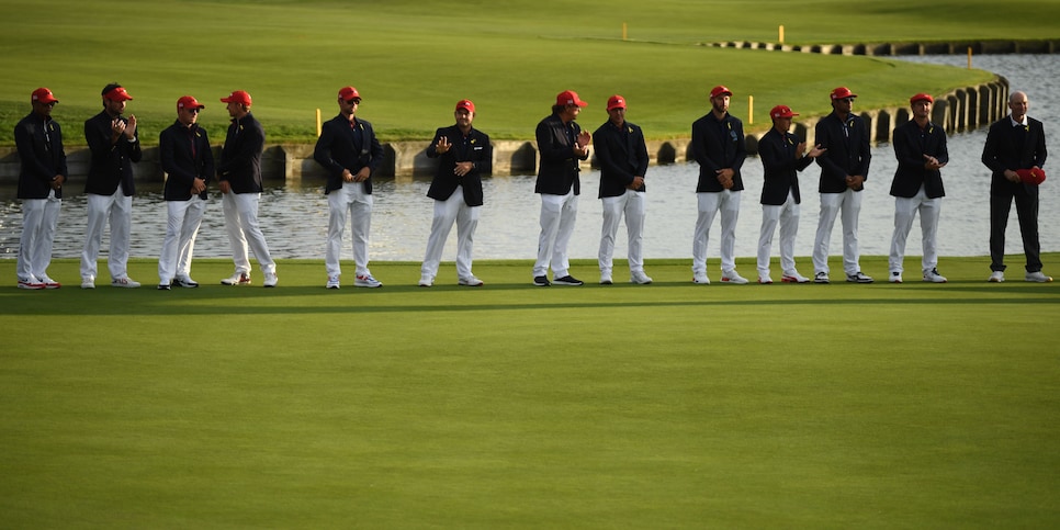 The US team pose after Europe won the   42nd Ryder Cup at Le Golf National Course at Saint-Quentin-en-Yvelines, south-west of Paris, on September 30, 2018. (Photo by Eric FEFERBERG / AFP)        (Photo credit should read ERIC FEFERBERG/AFP/Getty Images)