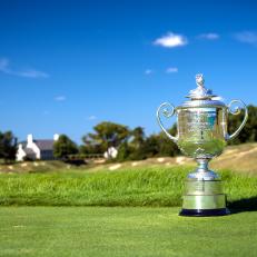 SHEBOYGAN, WI - SEPTEMBER 14: The Rodman Wanamaker Trophy at Whistling Straits Golf Course in Sheboygan, WI, USA, the future site of the 97th PGA Championship on September 14, 2014. (Photo by Montana Pritchard/The PGA of America)