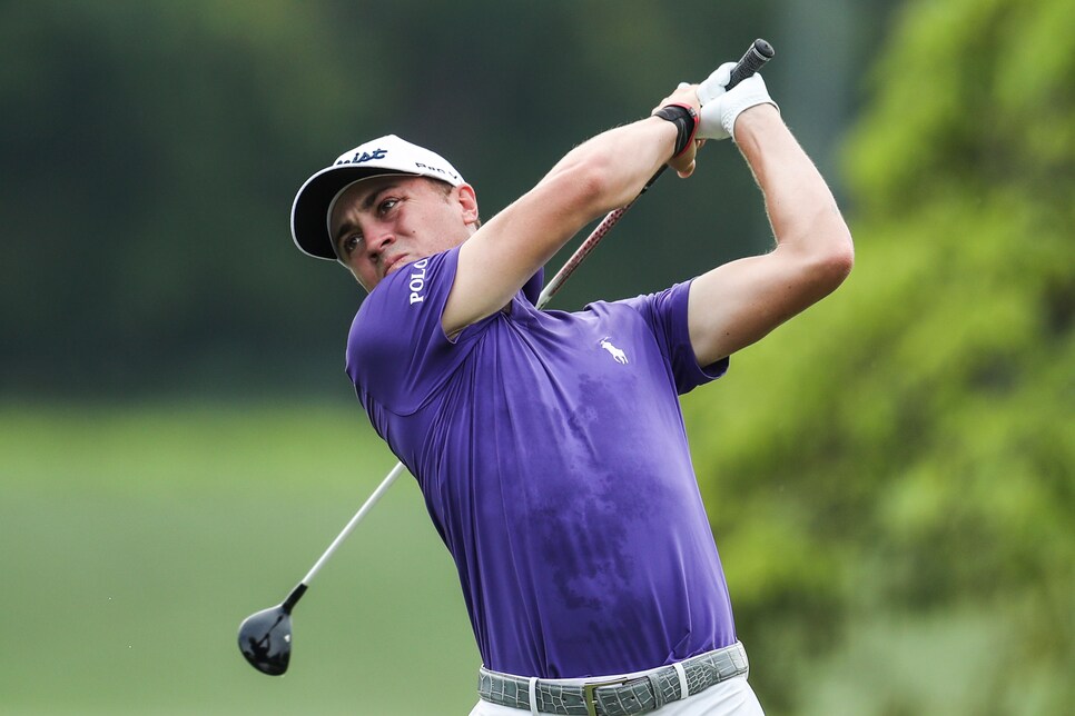 KUALA LUMPUR, MALAYSIA - OCTOBER 11: Justin Thomas of the United States plays his shot on the 10th green during round one of the CIMB Classic at TPC Kuala Lumpur on October 11, 2018 in Kuala Lumpur, Malaysia. (Photo by Yong Teck Lim/Getty Images)