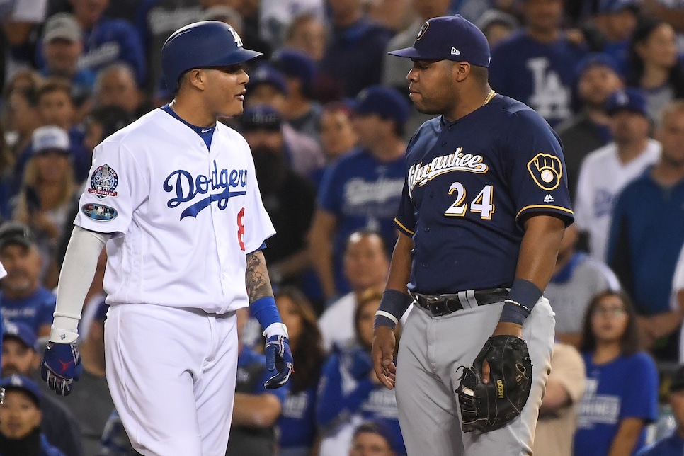 Manny Machado in the middle of benches-clearing argument in NLCS Game 4