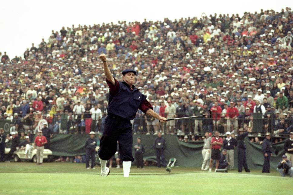 20 Jun 1999:  Payne Stewart of the United States celebrates victory after sinking his final putt during the last day of the 1999 US Open played on the number two course at Pinehurst in North Carolina, USA. \ Mandatory Credit: Harry How /Allsport