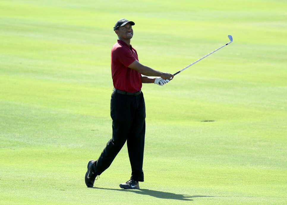 NASSAU, BAHAMAS - DECEMBER 02: Tiger Woods of the United States follows his second shot into the third green during the final round of the Hero World Challenge at Albany, Bahamas on December 02, 2018 in Nassau, Bahamas. (Photo by Rob Carr/Getty Images)