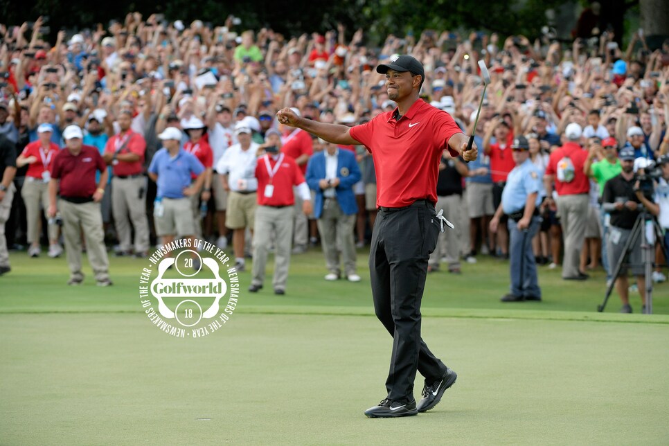 ATLANTA, GA - SEPTEMBER 23: Tiger Woods celebrates his win after the final round of the TOUR Championship at East Lake Golf Club on September 23, 2018, in Atlanta, Georgia. (Photo by Stan Badz/PGA TOUR)