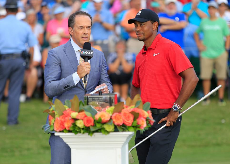 ATLANTA, GA - SEPTEMBER 23: Tiger Woods (r) is interviewed by NBC\'s Dan Hicks after winning the TOUR Championship on September 23, 2018, at the East Lake Golf Club in Atlanta, GA.  This was the 80th career PGA win for Tiger.  (Photo by David John Griffin/Icon Sportswire via Getty Images)