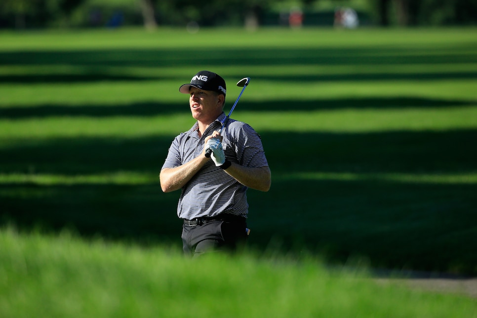 during the first round of the Nationwide Children\'s Hospital Championship held at The Ohio State University Golf Club on August 23, 2018 in Columbus, Ohio.